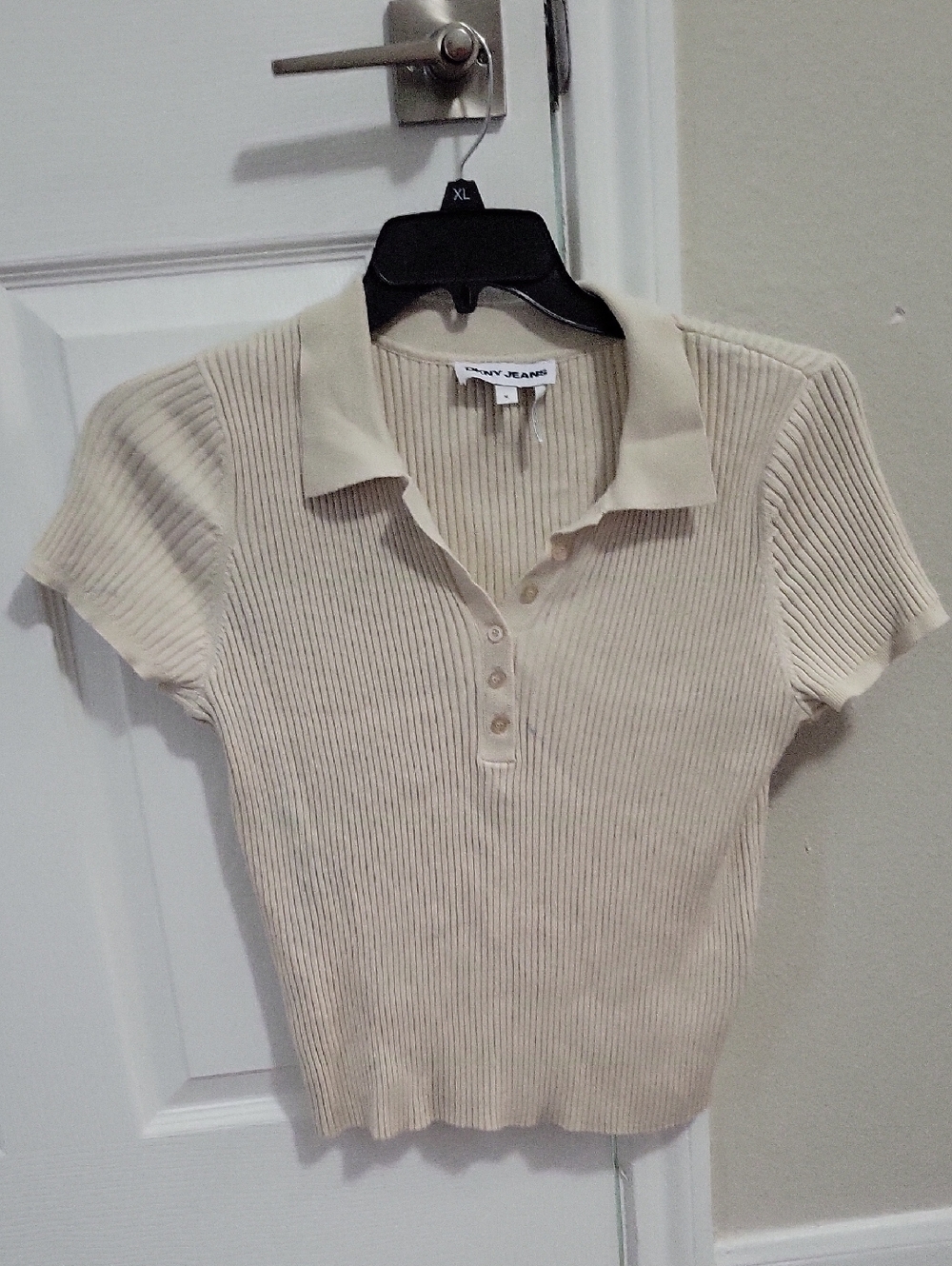 Dkny Cream Ribbed Knit Polo Short Sleeve Top